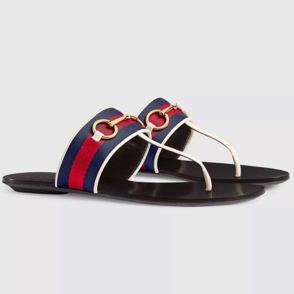 Gucci Querell Horsebit Web Stripe Logo Leather Thong Sandals EU 39 - Picture 3 of 15